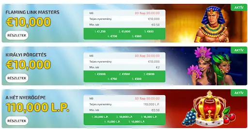 BoaBoa Casino aktuális tornák – Flaming Link Masters €10,000, Királyi Pörgetés €10,000, A Hét Nyerőgépe 110,000 L.P.