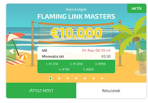 Flaming Link Masters bajnokság €10,000 nyeremény, minimális tét €0.50, színes tengerparti háttérrel.